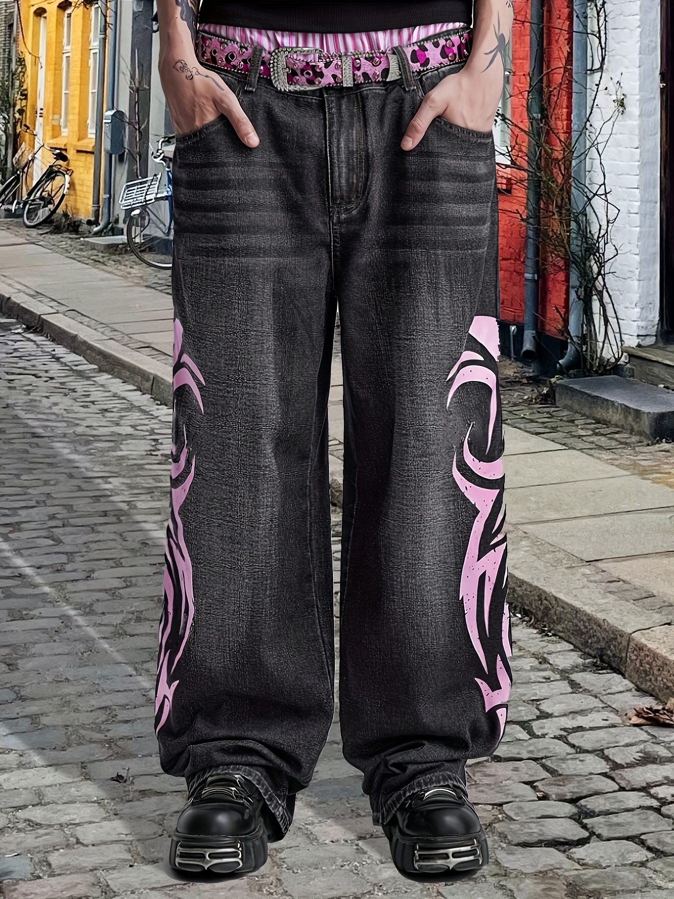 mens washed denim wide leg jeans abstract print design loose