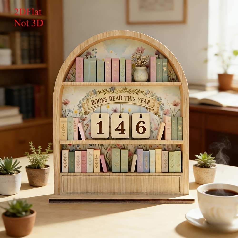 E-shop 2D flaches Lesezeichen-Zähler aus Holz | Bauernhof-Karo- -Logo – Rustikale Bibliotheksdeko, jährlicher Lesezähler, einstellbar 0-999 Bücher,