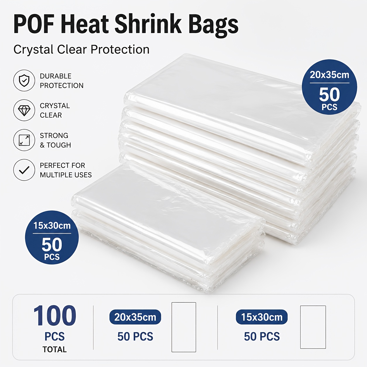 TEMU POF Sacs Thermorétractables, Total 100pcs, 50pcs 15X30Cm et 50pcs 20X35Cm Sacs d'Emballage Thermorétractables Transparent Cristal, Sacs de Film
