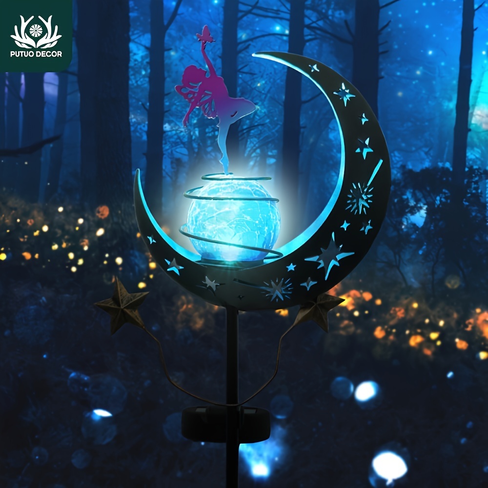 

Putuo Decor 1pc Solar Powered Outdoor Iron Flower Fairy Moon Lamp Lights Rechargeable Battery, Outdoor Solar Lights With Ground Stake For Home Farmhouse Garden Backyard