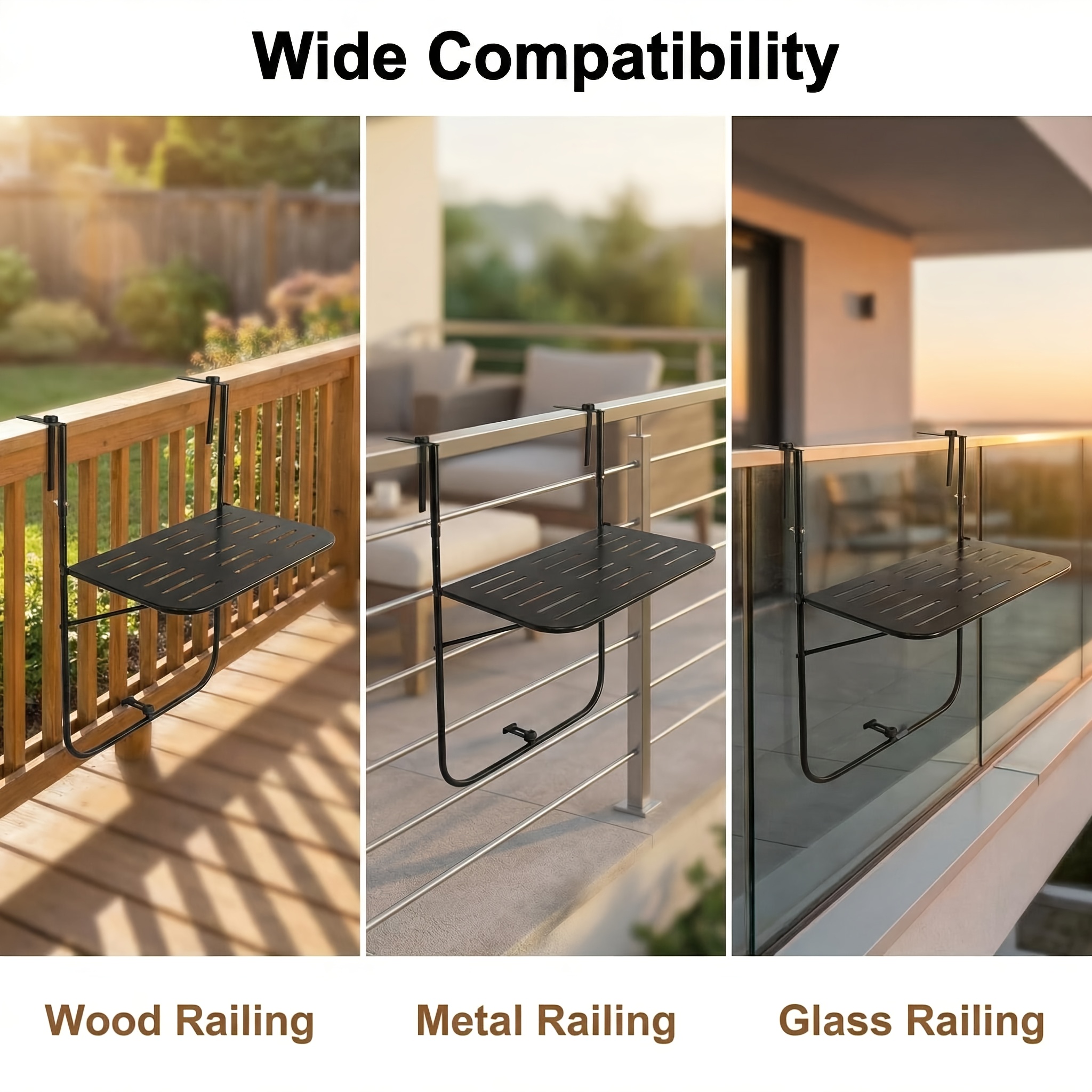 Balcony Railing Table, Outdoor Folding Hanging Table with Adjustable Heights, Heavy Duty Metal Hanging Bar Table for Patio, Garden and Deck