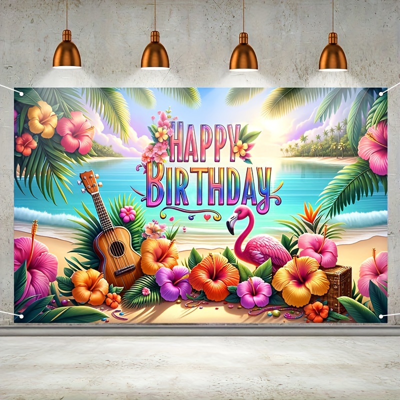 

1pc, Tropical Paradise Happy Birthday Banner - Vibrant Beach & Floral Theme Celebration Party Background (71x43inch) Eid Al-adha Mubarak