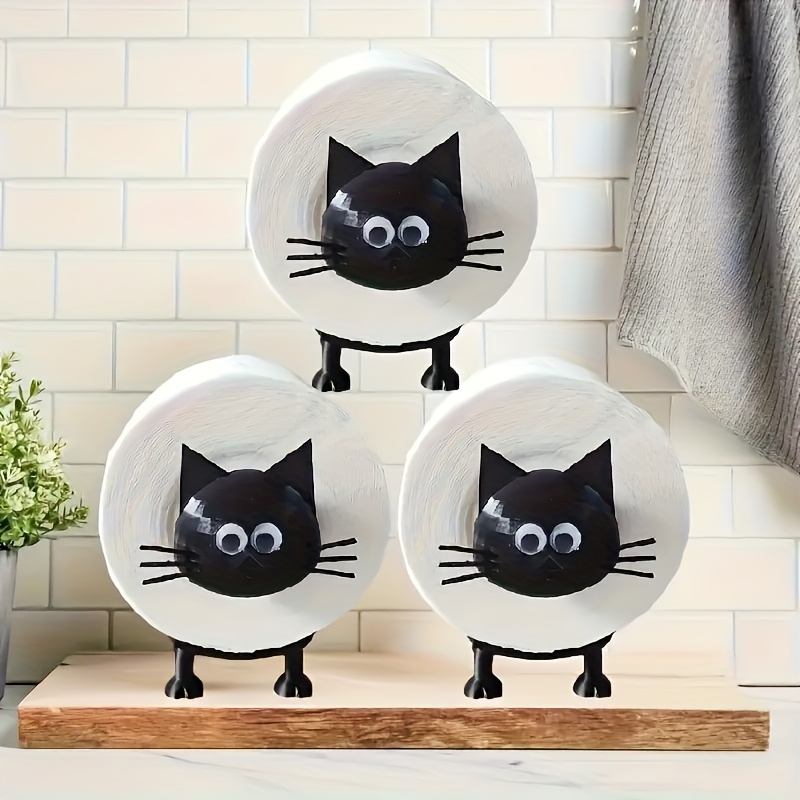 迷人的黑猫卫生纸架 - 一款潮流的浴室用品，采用可爱的脸部设计，配有自粘塑料底座，是猫咪爱好者的理想礼物，不含纸巾，浴室装饰和配件 商品详情 1