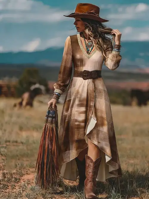 western dress Qolati Womens Western Cowgirls Dress Cowboy Boho Vintage Long Sleeve V Neck Fall Fringe Midi Dress Ethnic Style Embroidery High Low Hem Flowy Vacation