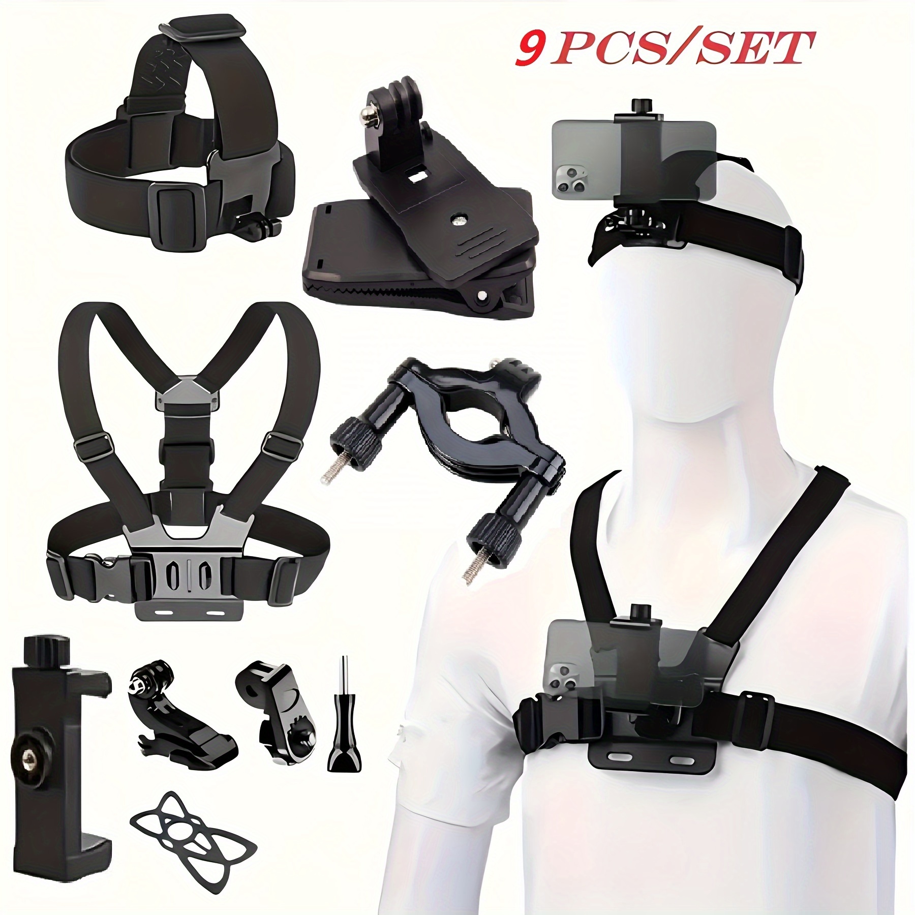 E-shop 9-in-1 Action Kamera Kit Handy Kopfband Brustgurt Halterung Verstellbar für Gopro 12 SJCAM DJI Und Telefon Verbesserte Stabilität Vielseitigkeit