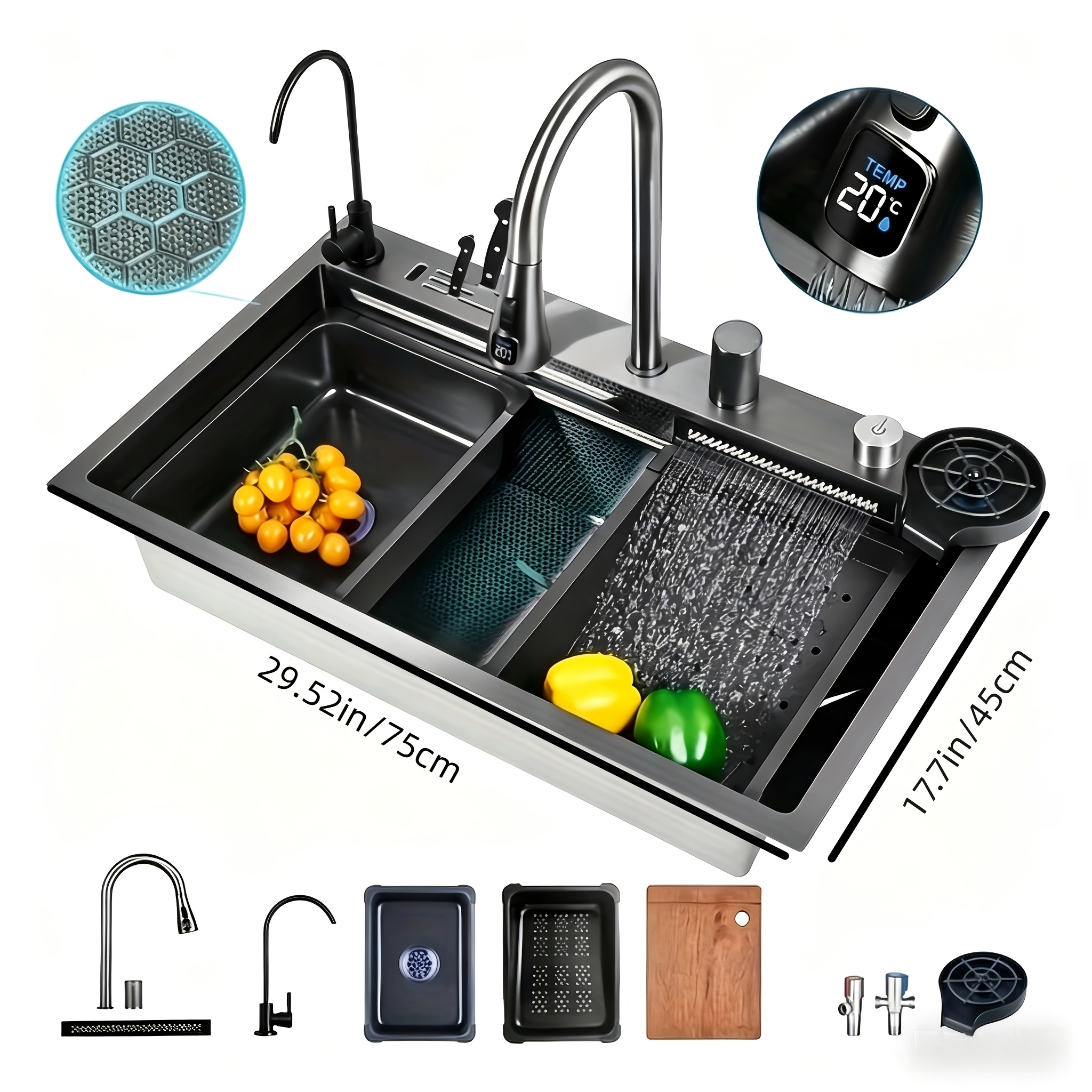 Image of Stainless Steel Waterfall Kitchen Sink Combo, Led Temperature Display Functionwith Pull-out Faucet Nano-coated Topmount Single Bar Bowl Sink, Workstation Sink With Accessories, Modern Kitchen Sink