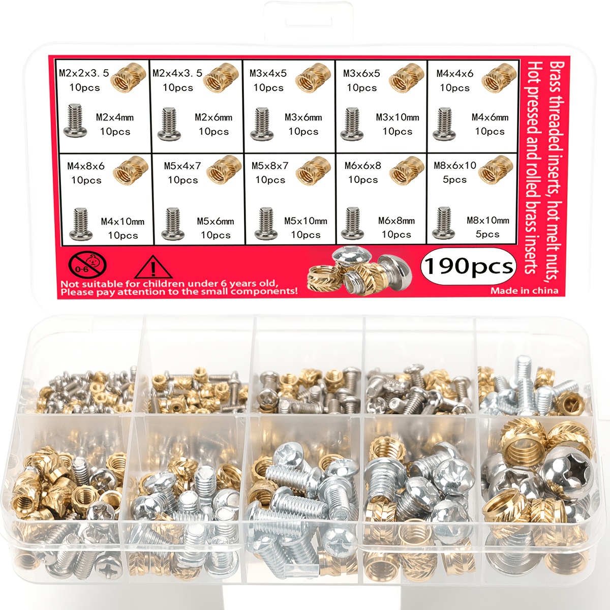 TEMU 190pcs Brass Threaded Inserts And Screws Assortment Kit, Heat Melting Nuts And Phillips Screws, Knurled Brass Heat Set Inserts Nuts (m2 M3 M4 M5