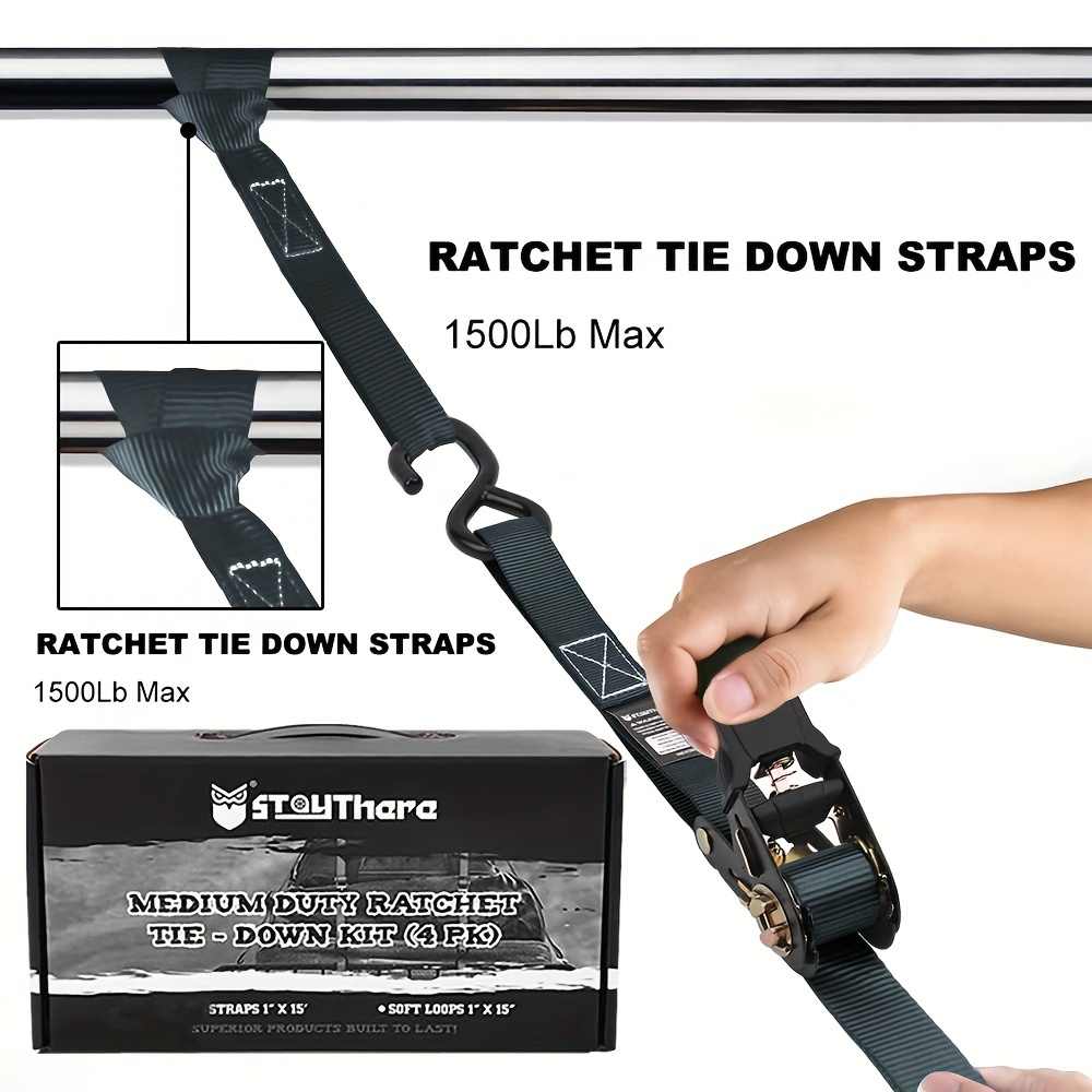 Ratchet Straps 1'' X15' by Stay There, 15ft Ratchet Tie Down Straps with S Hook - 1500lb Break Strength for Securing Motorcycle, Kayak, Truck, Trailer