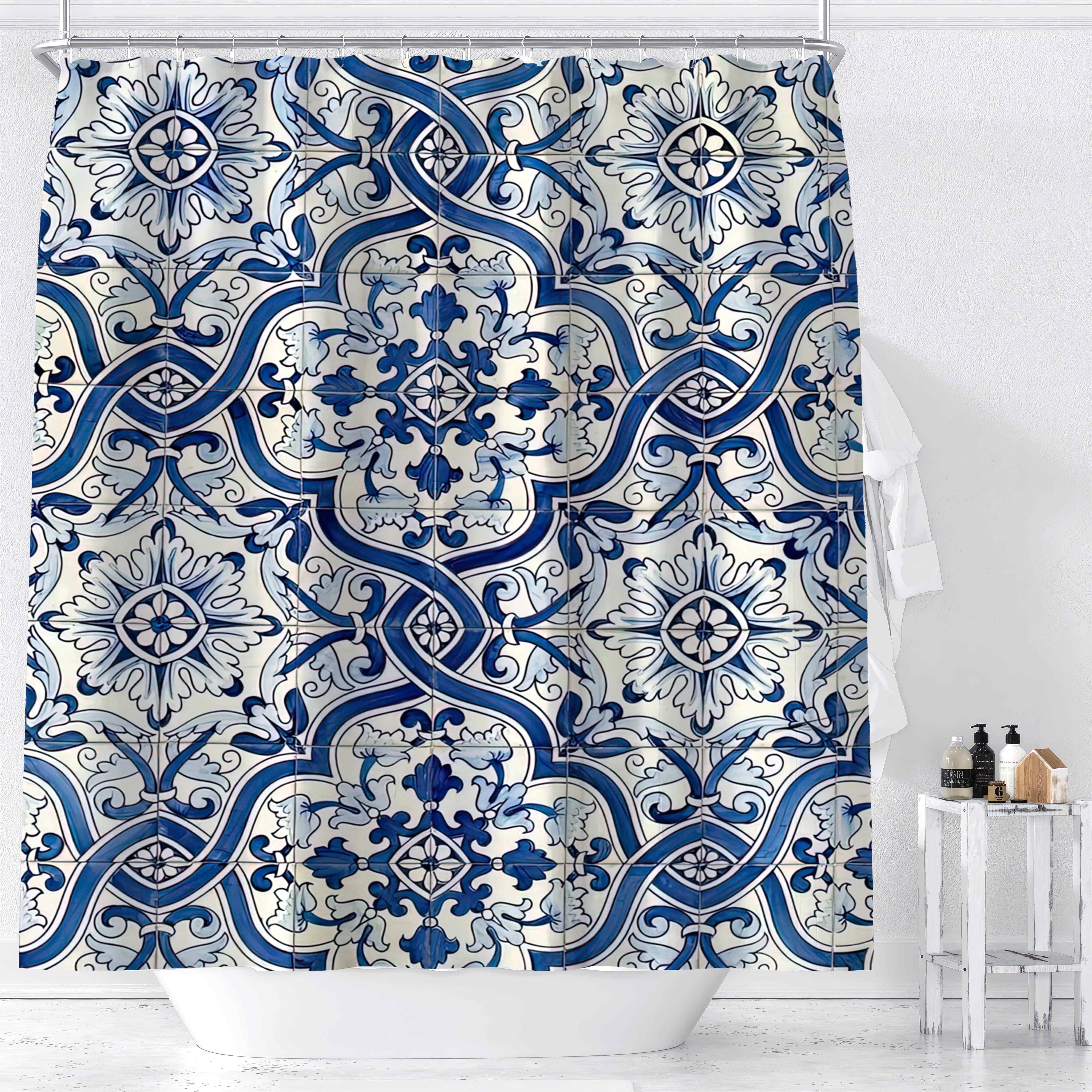 

1pc Blue And White Porcelain Floral Tile Print Shower Curtain, Waterproof Bathroom Decor