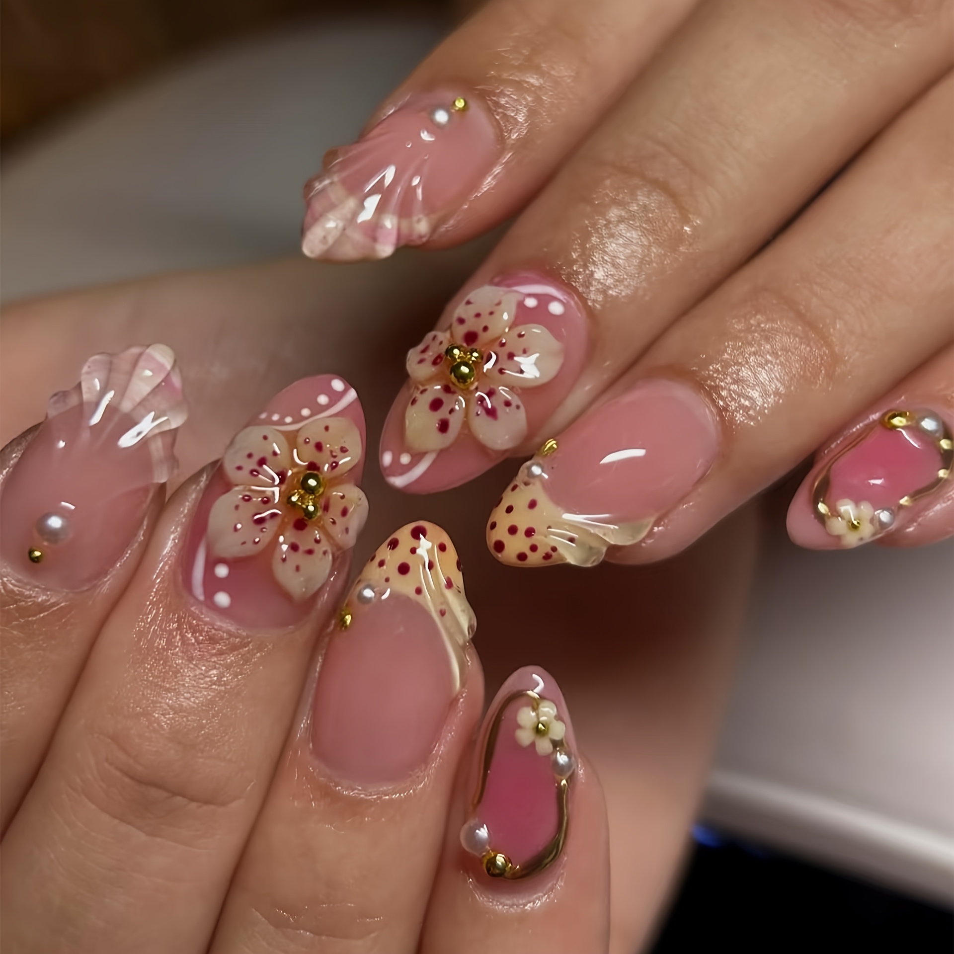 10pcs medium long almond press on nails shell french tip leopard ombre 3d   glossy full cover   nails sweet elegant style nail tips press on nails reusable   nails nail set for women daily wear party spring summer