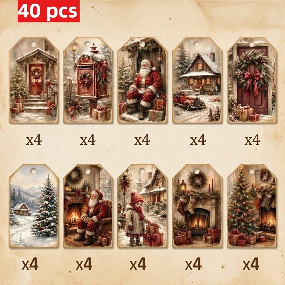 TEMU 40pcs, Retro Christmas Tags, Christmas Labels, Santa Claus, Christmas Tree And Other Christmas , Tags, Christmas Party Decorations, 10 Sheets Of