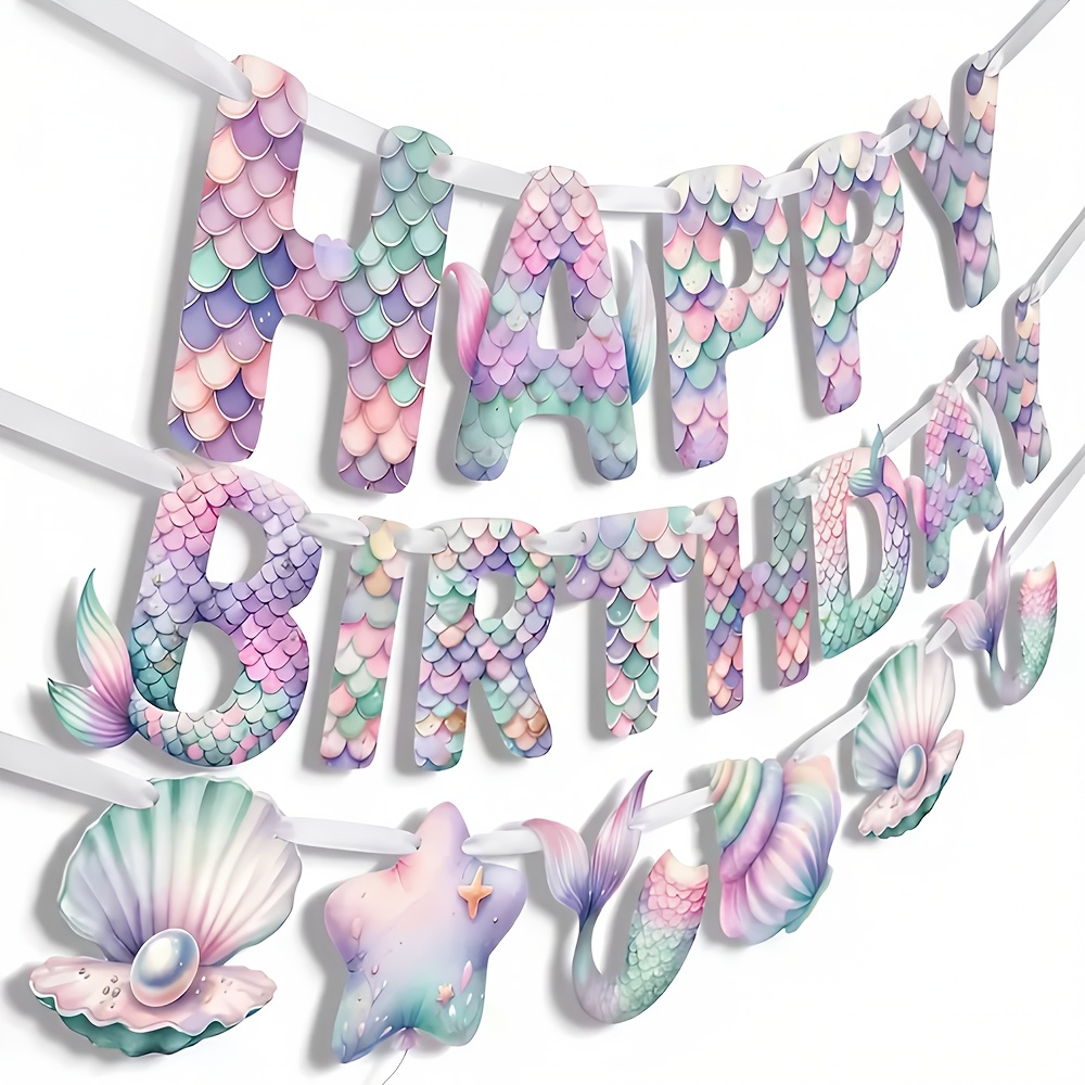 Image of 19pcs Mermaid Happy Birthday Banner, Pastel Ocean Theme Party Decorations, Summer Party Favors, Watercolor Scale Pattern Birthday Supplies