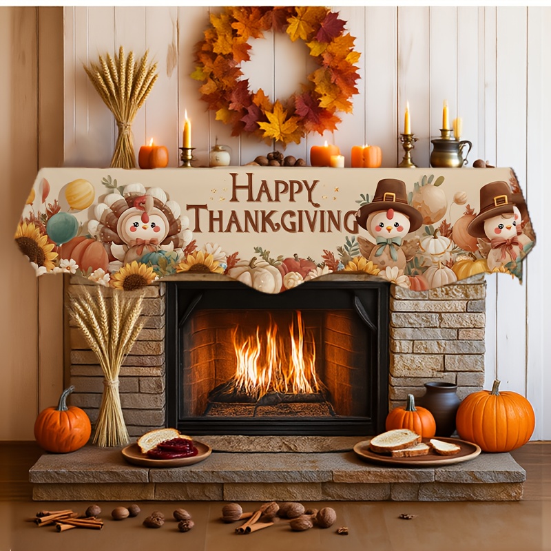 TEMU Thanksgiving Turkey Fireplace Scarf Table Runner - Happy Thanksgiving Banner With Turkeys, Pumpkins, Sunflowers, & - 78.7x19.6 Inch Short Plush