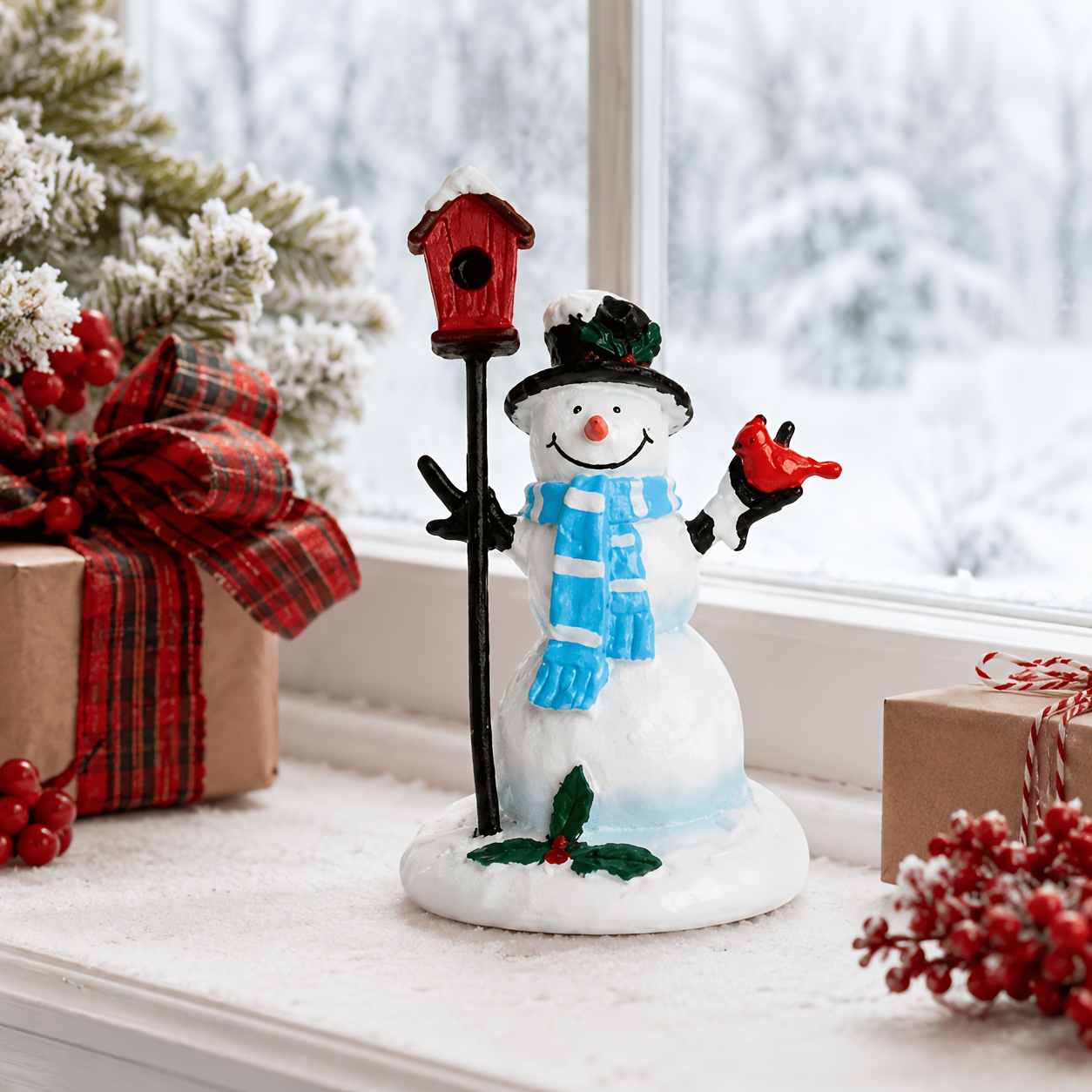 TEMU Christmas Snowman Resin Ornament, With Red Bird And Vintage Birdhouse; Hand-painted Snowman Wearing A Blue Striped Scarf, Top Hat, With Holly