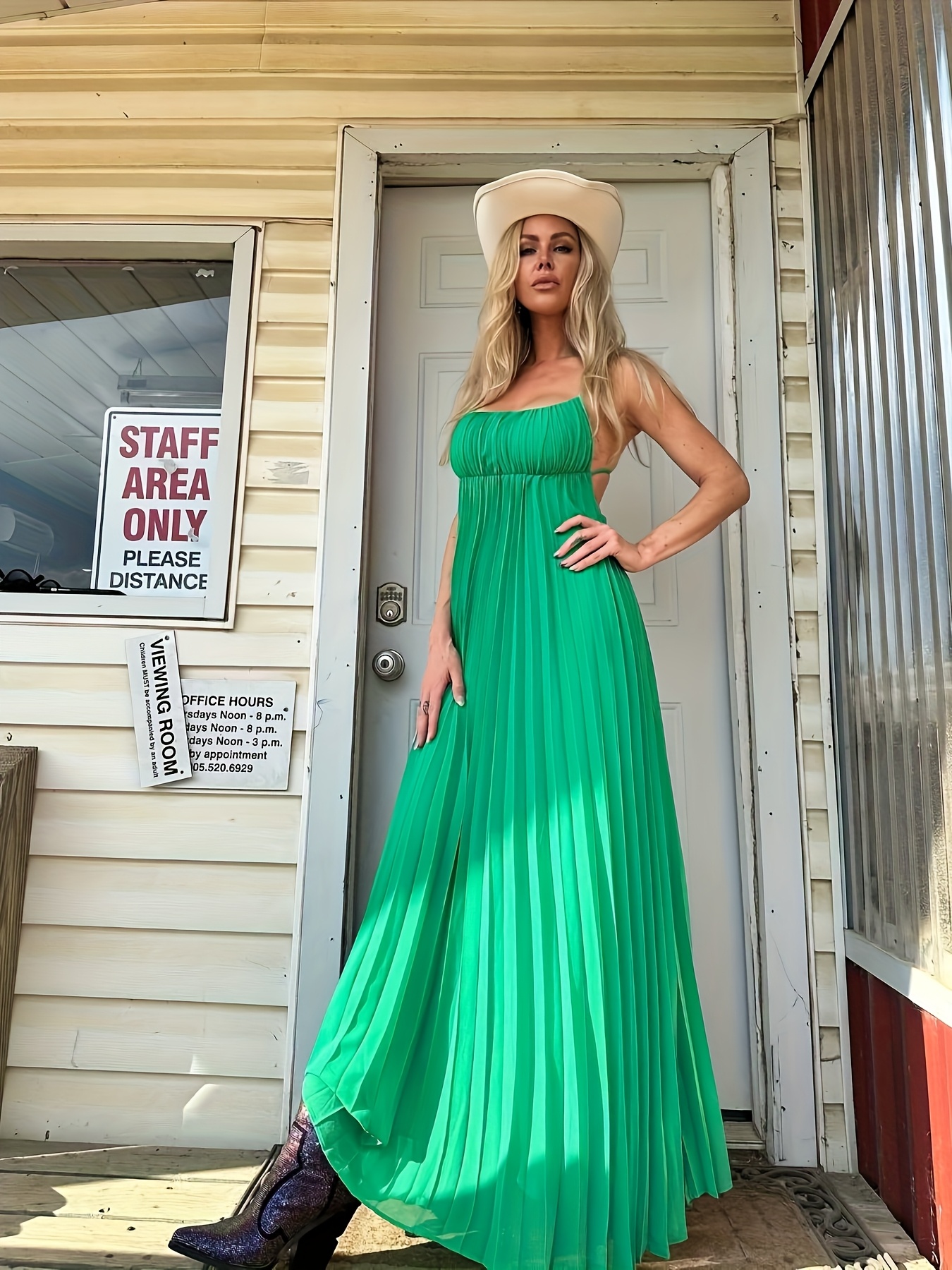 elegant green spaghetti strap pleated maxi dress flowy Temu Mexico