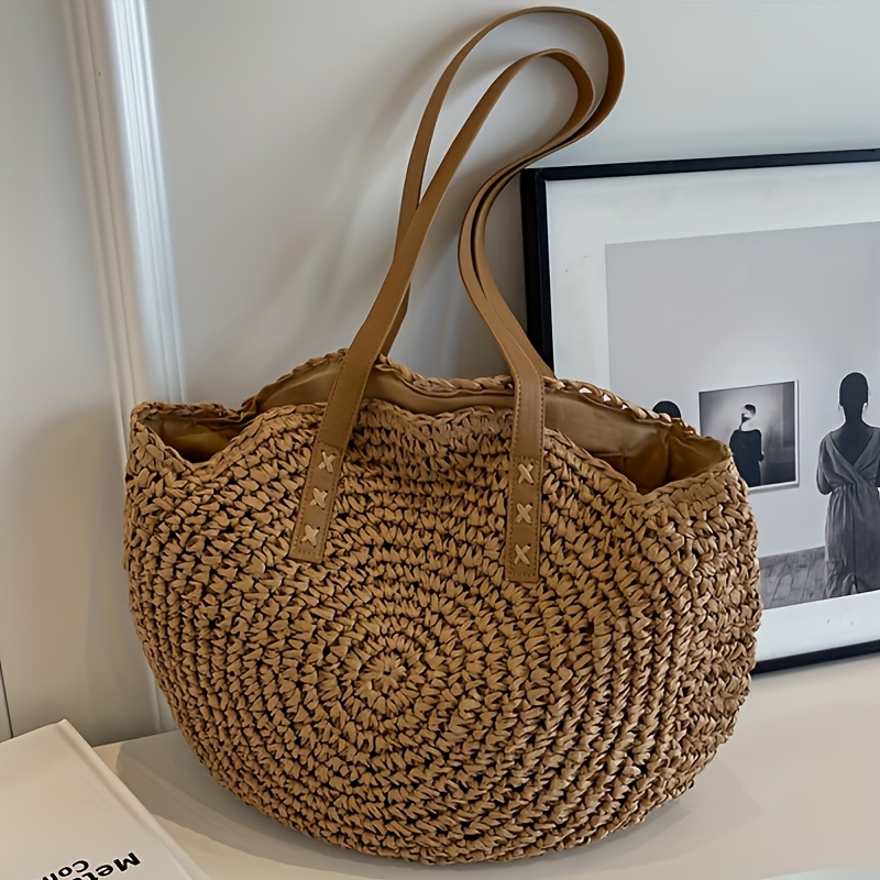 TEMU Women's Fashion Casual Beach Vacation Tote Bag Is A Large-sized Round Tote Bag With An Arc-shaped Opening And A Large Capacity. The Bag Has A