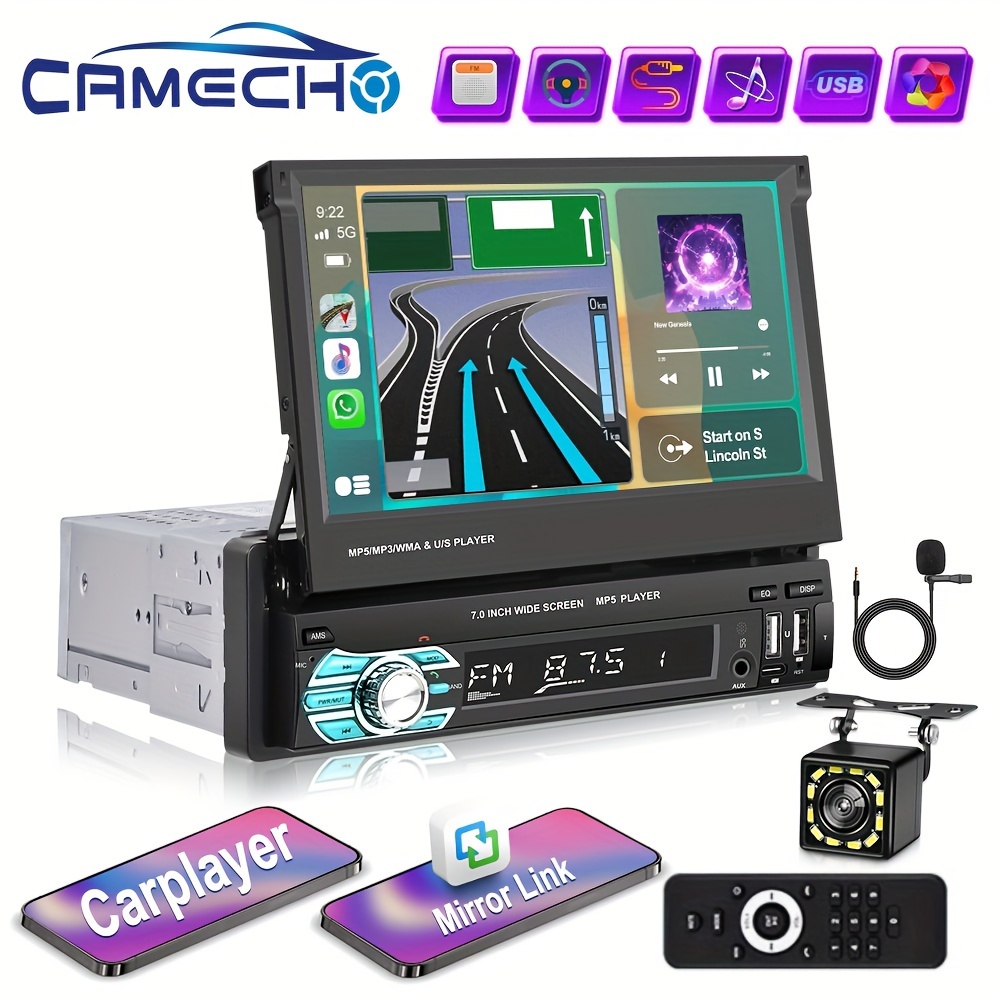 

Camecho 1din 7" Hd Retractable Touch Wireless Carplayer/for Auto Universal Car Mp5 Fm Tf/usb/ C Rear +mic