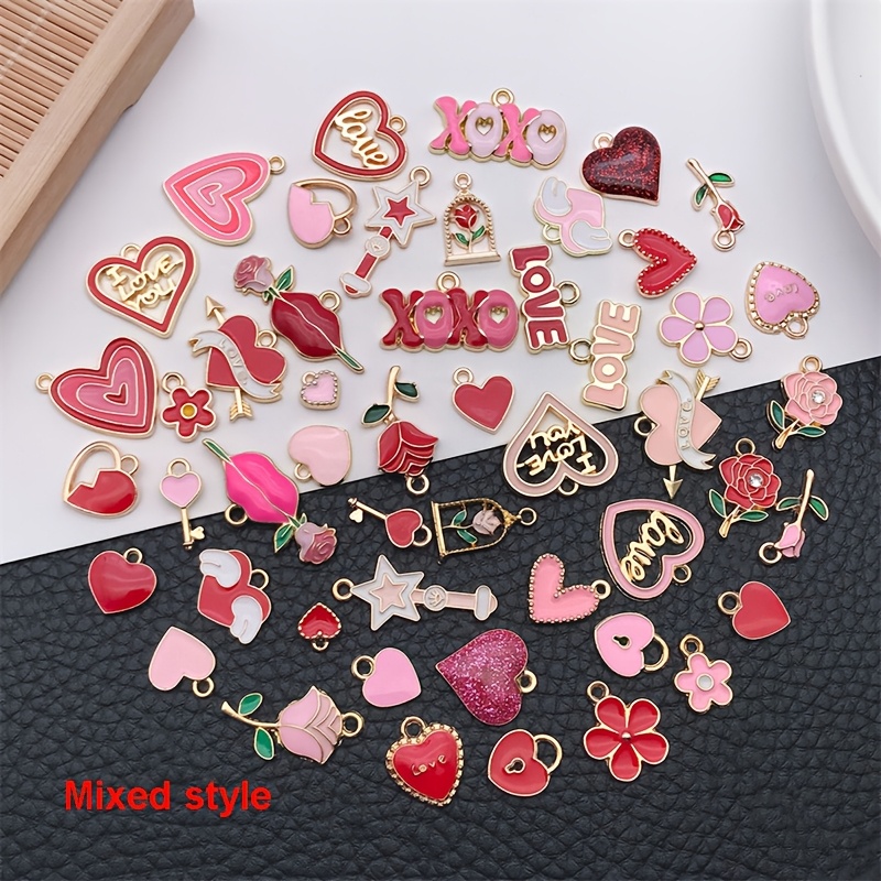 TEMU 50pcs Heart Charms Set, Alloy Love Pendants With , Flower & Star Designs, For Making, Necklace, Earrings, And Bracelet Crafts