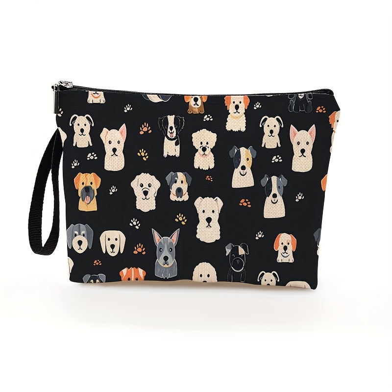 E-shop Eine stylische Kosmetiktasche für Damen mit süßem Hundemotiv auf schwarzem , für Urlaubsausflüge und den täglichen Gebrauch. Diese Tasche mit