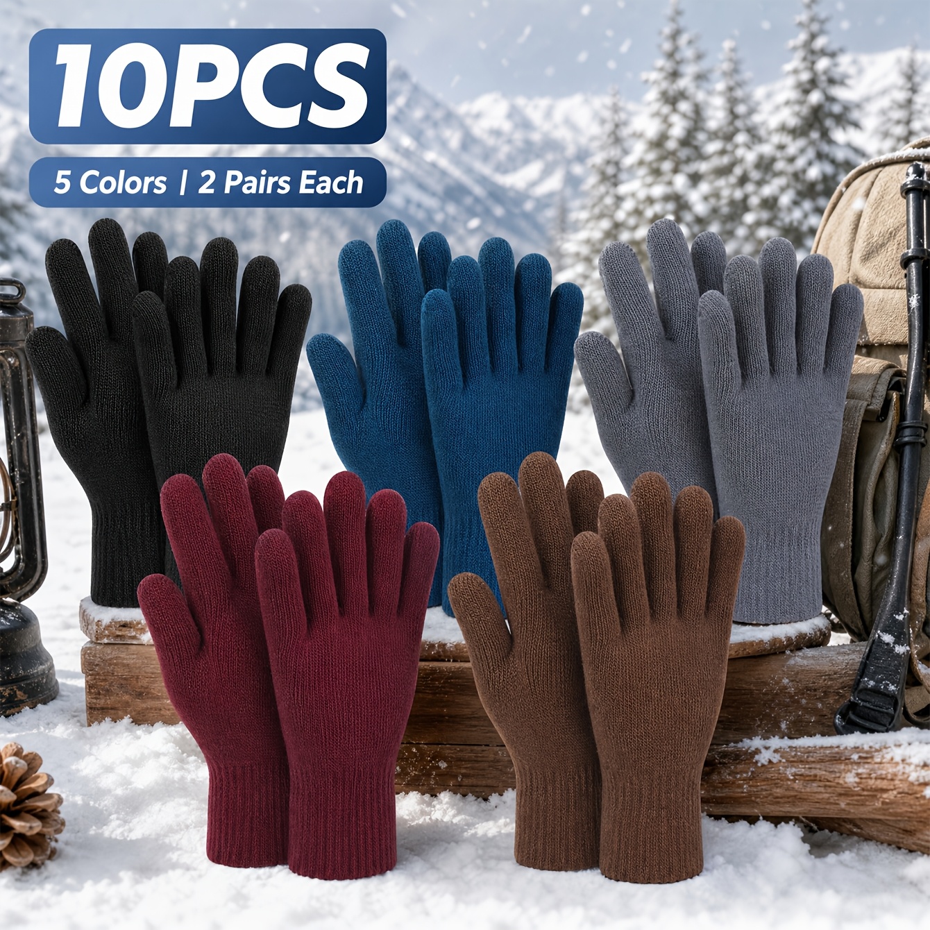 TEMU 10 Paires de Gants d'Hiver Touch Screen, Couleur Unie, Élastiques et Côtelés, Gants Complets pour Hommes et Femmes, Idéaux pour l'Extérieur et ,