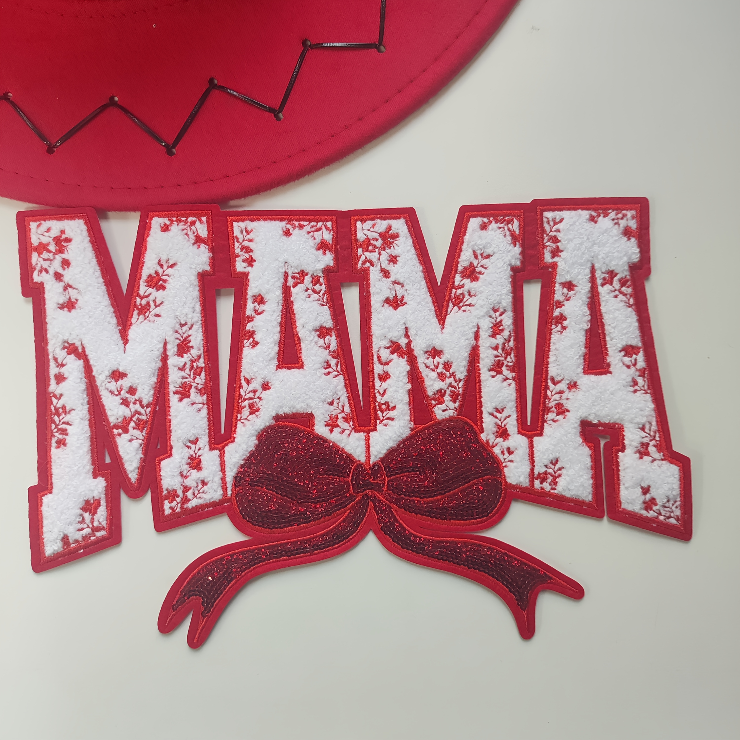 

1pc Valentine's Day Red Bow Mama Patch, Geometric Polyester For Diy Coats, Vests, Bags, Machine Washable, Fall/winter Season Decor