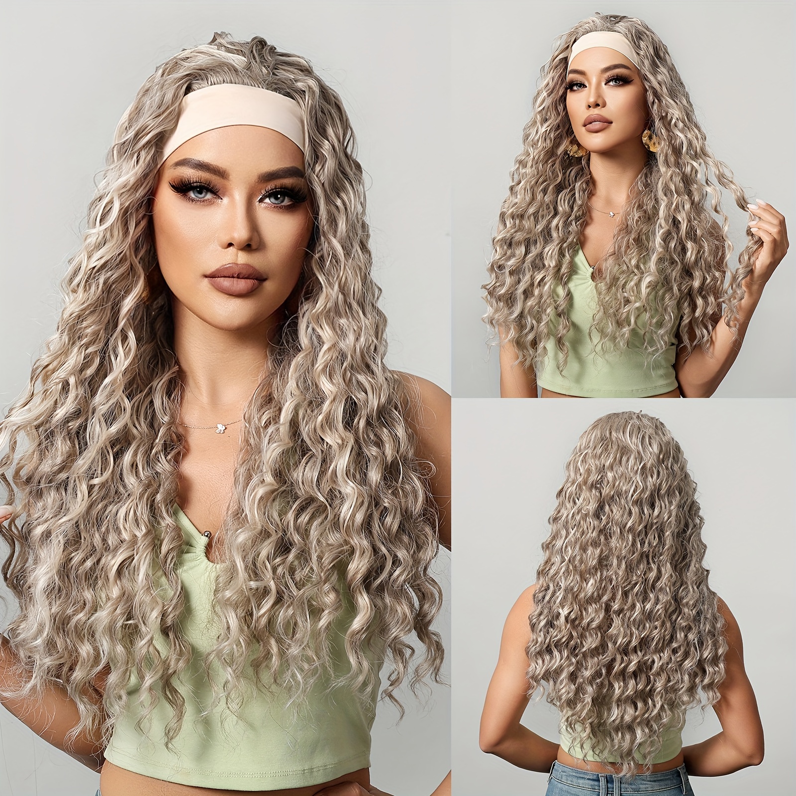 Synthetic Long Curly Hair Wig With Headband In Ash Blonde For Women