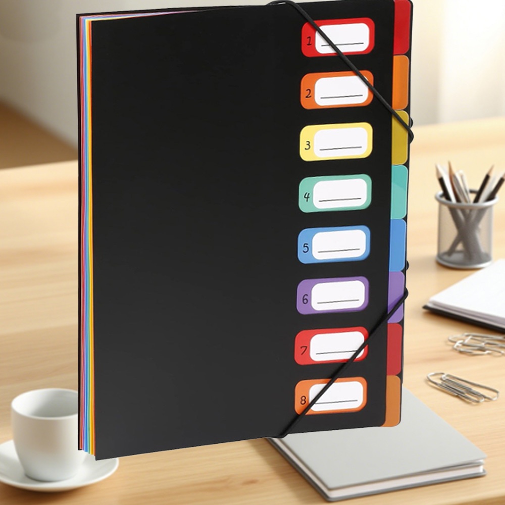E-shop 8-Fach Expandierende A4-Ablage, Tragbare Expandierende Ablage mit 8 Fächern, Schreibtisch-Organizer mit Gummiband, 8 Memo-Tabs, Geeignet für