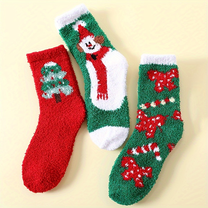 

3pcs Women's Cozy Coral Fleece Christmas Socks - Snowman & , Warm Mid-calf Floor Socks For Winter