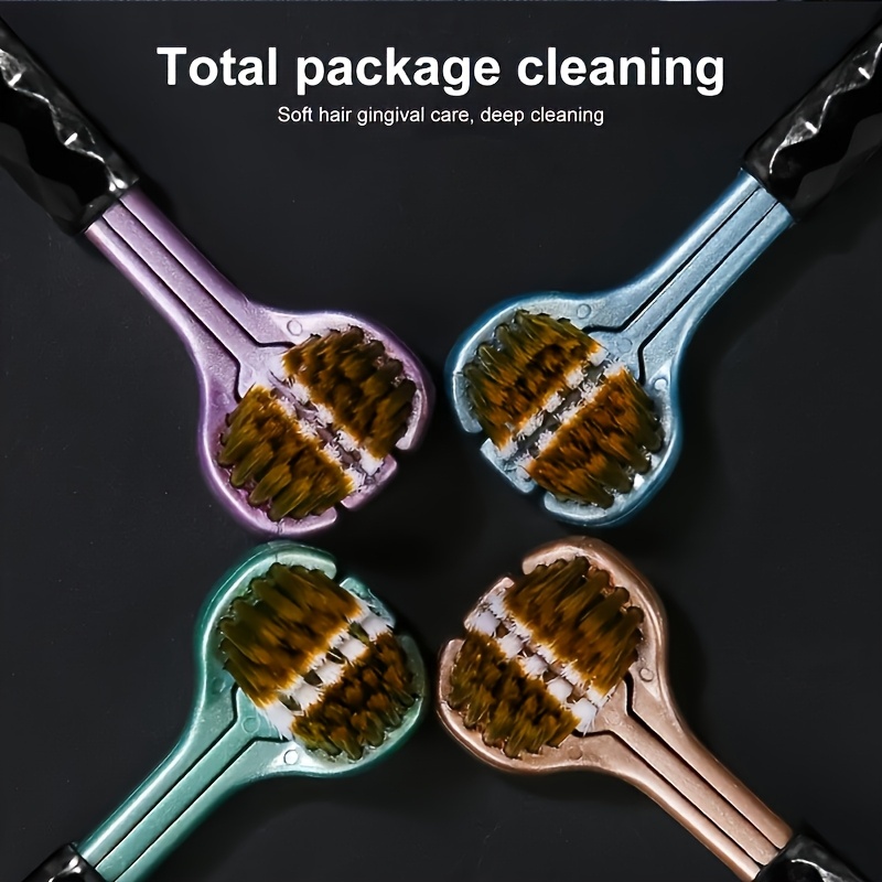 Set de cepillos de dientes manuales ergonómicos de 4 piezas, equipado con cabezales de cepillo de 3 lados, cerdas volcánicas doradas y agarre suave - Adecuado para adultos. El color del mango del cepillo es aleatorio.