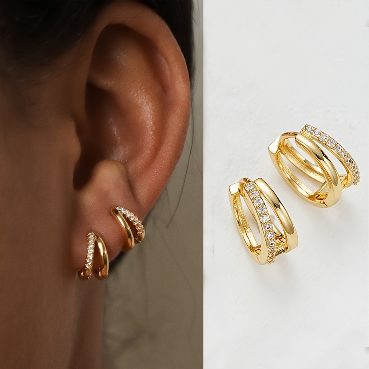 

Exquisite Golden Double Circle Design Hoop Earrings Copper Jewelry With Tiny Zircon Inlaid Simple Elegant Style For Women Daily
