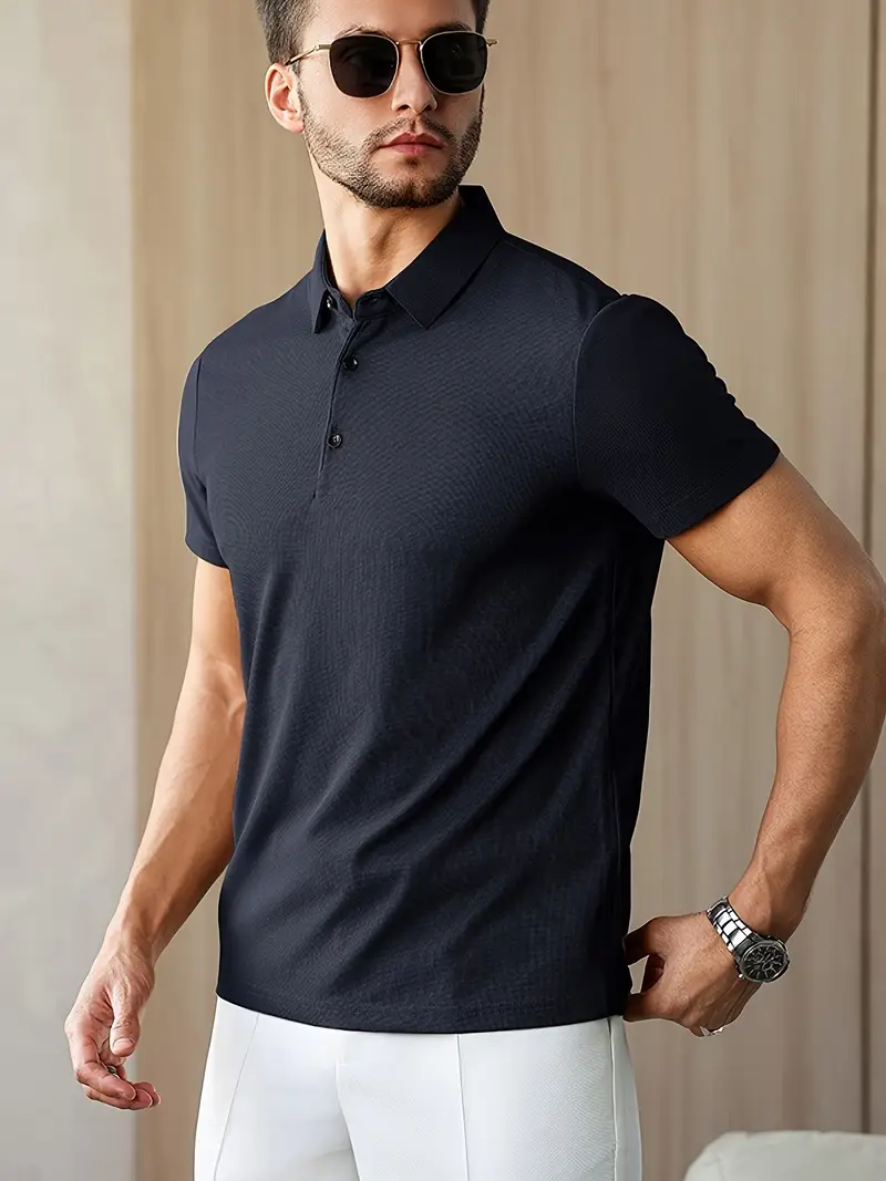mens summer shirt solid color casual short sleeve with button collar lightweight polyester for sports outdoor leisure activities casual summer wear knitted weave details 11