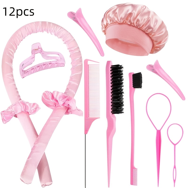 TEMU Set de 12 pièces d'outils de coiffure, tige à friser chaleur pour femme, élastiques à cheveux et bonnet de nuit en satin, set de satiné chaleur