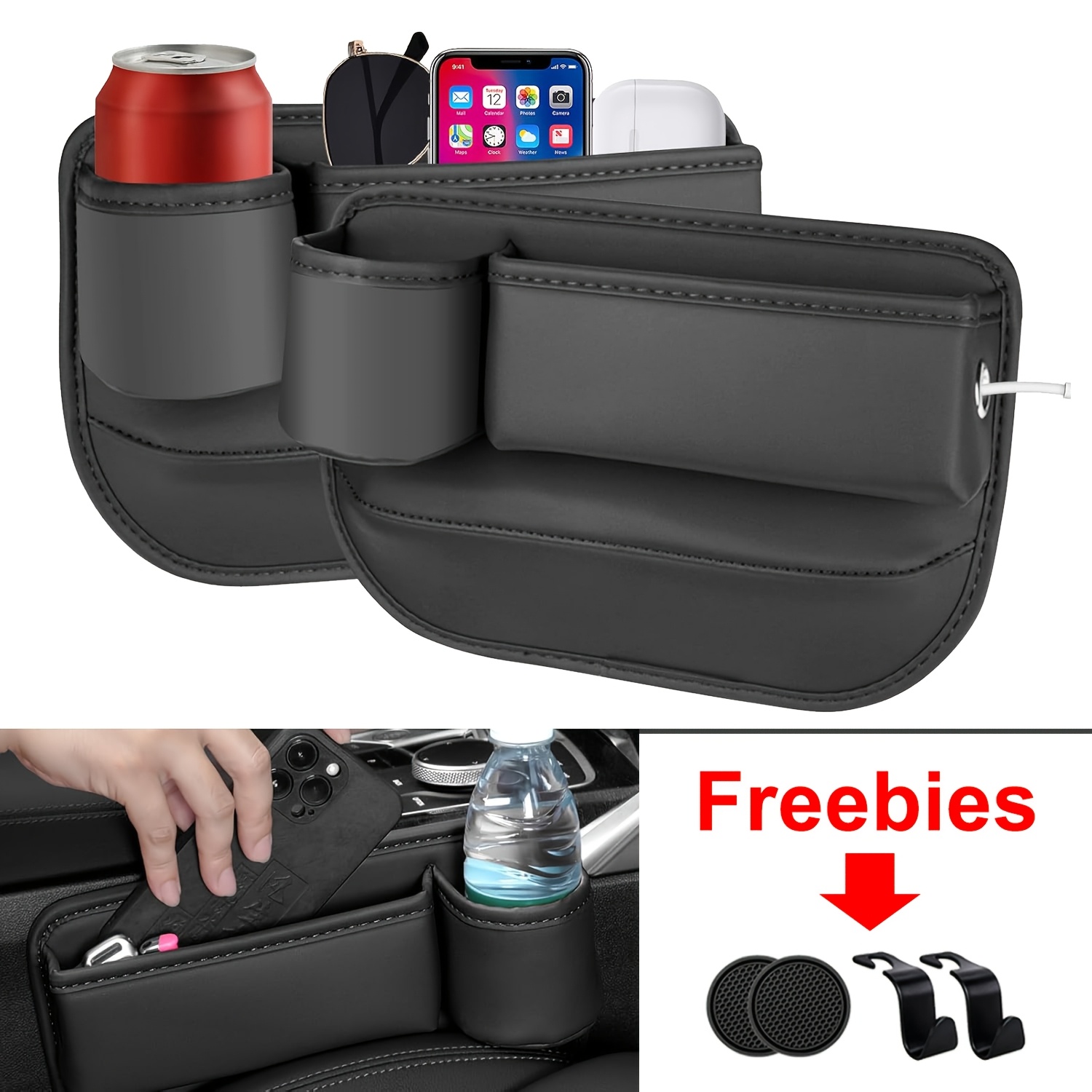 TEMU 2pcs Car Seat Storage Box+hook+car Coaster, Car Accessories, Car Accessories Interior, Multifunctional Car Storage Device, Seat Filling Pad, Car