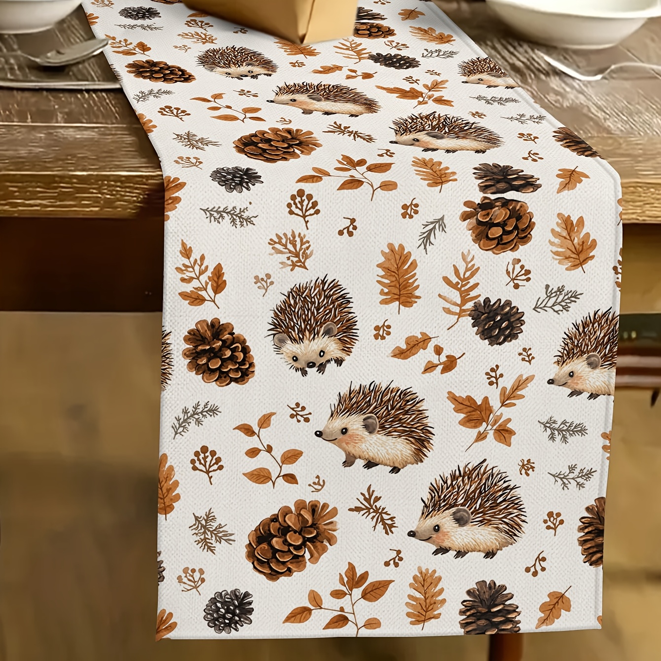 TEMU 1 stuks Waterverf Egel Pijnboomknop Herfstblad Tafelkleed, Rechthoekig Herfst Botanische Print Tafelkleed voor Eettafel Sideboard Entree Huis
