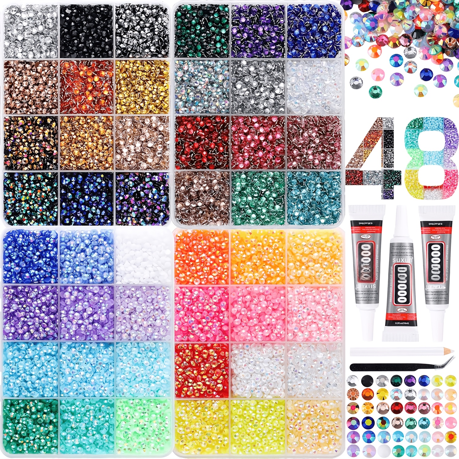 30000 48 Color Rhinestones, Suitable For And , 3mm Flat Back Gemstones, With 3 X 10ml Jewelry Gel Tweezers And Pens, Perfect For Nail Art, Handicrafts, Clothing, And Fabric Decoration