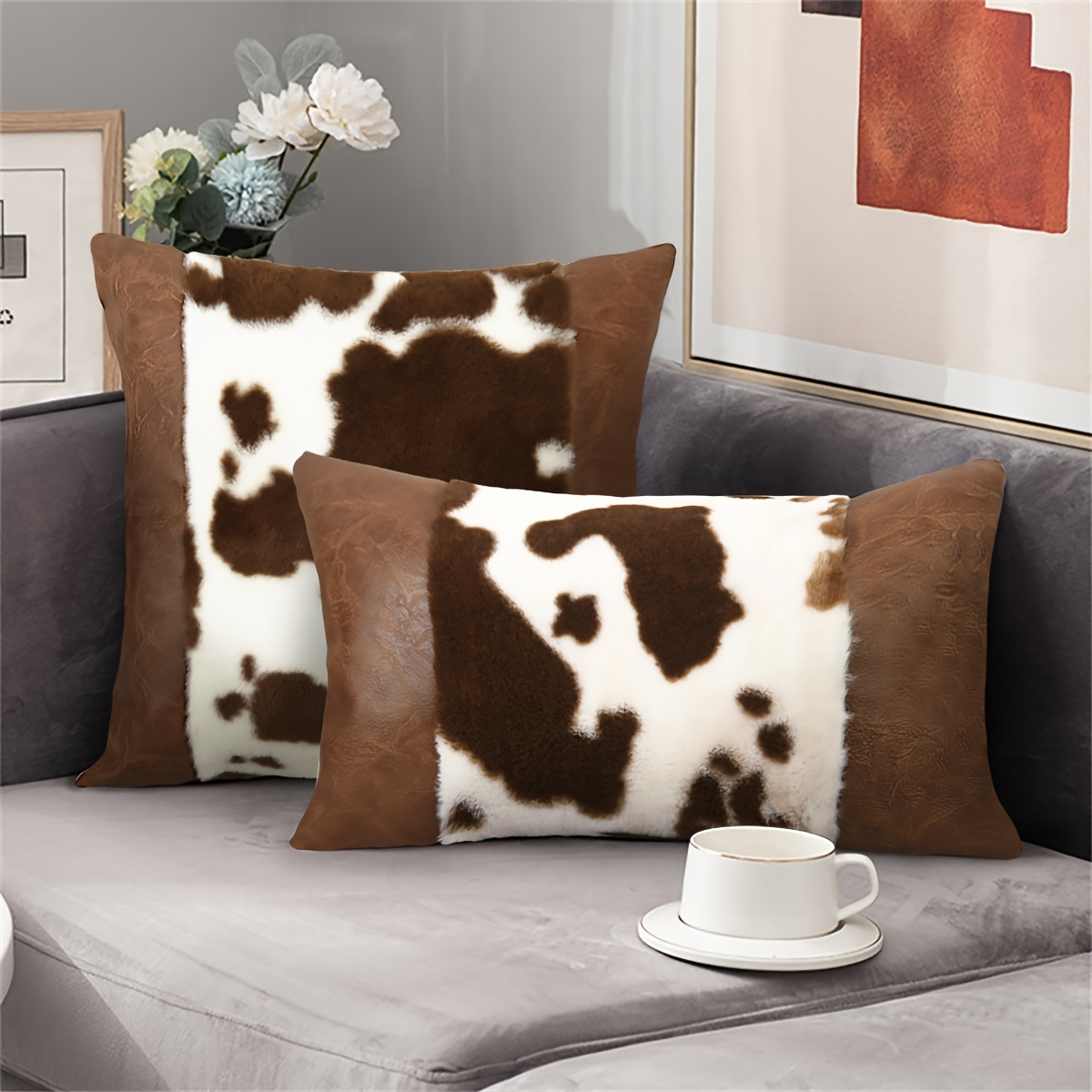 cow print leather accent throw pillow cover zipper Temu