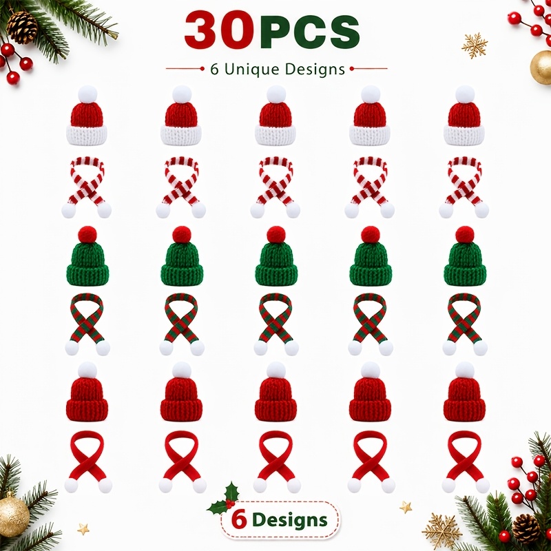 TEMU 30pcs Christmas Mini Hat Scarf Decoration Set, Various Styles Of Christmas Tree Ornaments, Snowman Doll Handmade Decorations, Christmas Desktop
