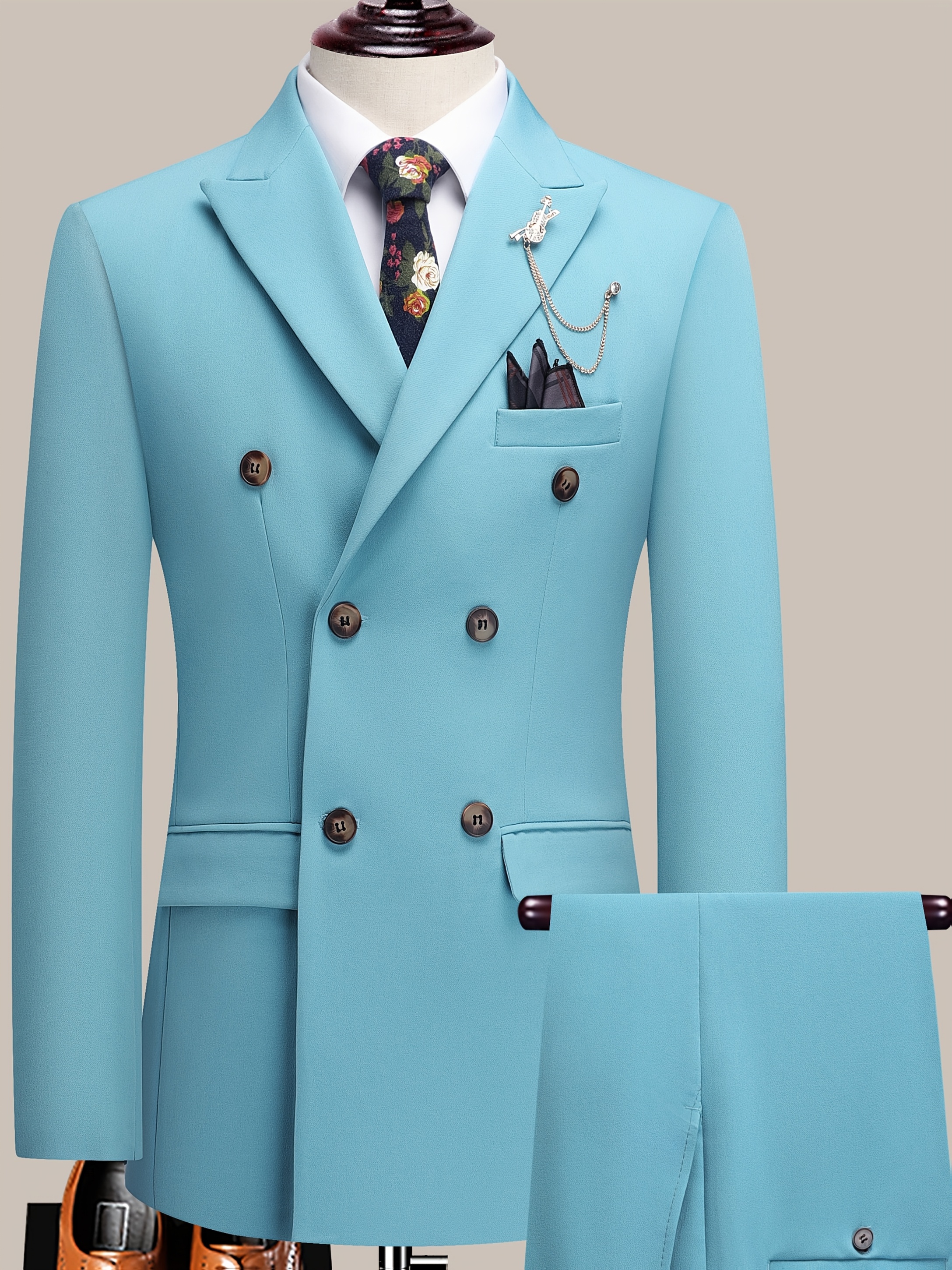 Men'S Beige Double-Breasted Suit with Peaked Lapels - Formal Business & Wedding Attire, Non-Stretch Polyester Blend, Double-Breasted Jacket with Four Buttons, Matching Pants, Wedding Attire|Classic Fit|Polyester Blend