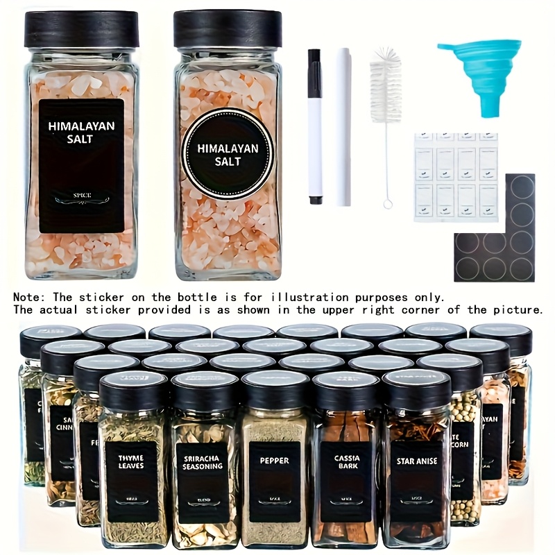 TEMU 24/12pcs Square Glass Jar Set, 4oz Seasoning Bottle Containers Stickers, Shaker Lids And Sealed Plastic Covers, Includes Foldable Funnel, Spice