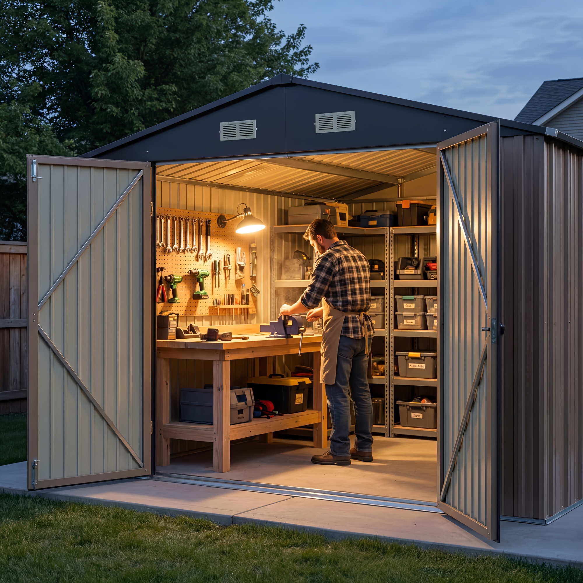   heavy duty 5x3ft 8x12ft metal storage shed all weather outdoor steel utility shed with lockable doors ventilation waterproof snow resistant large tool storage house for backyard garden durable galvanized steel shed organizes garden