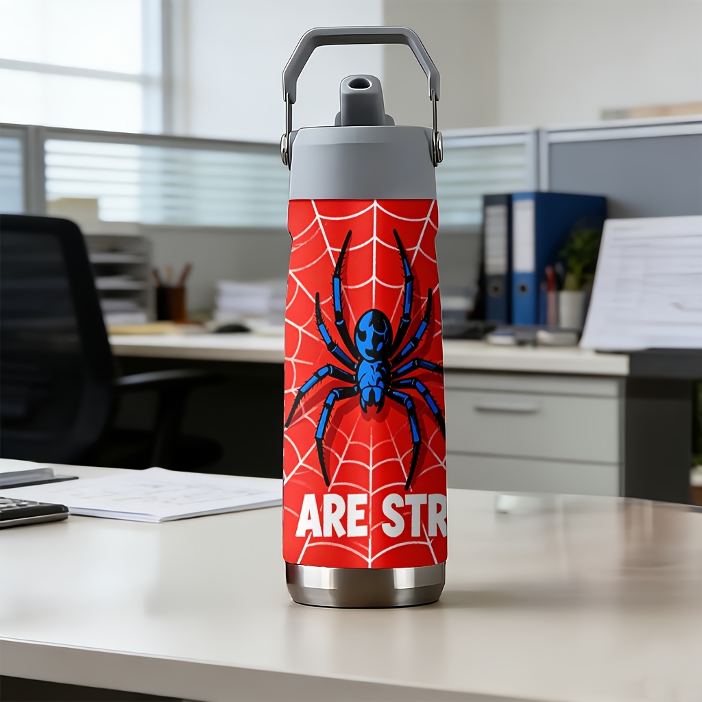 TEMU 1pc 304 Stainless Steel Tumbler With Handle And Straw - Web , 22oz Vacuum Insulated Water Bottle, Reusable Stainless Steel For Gym, Office,