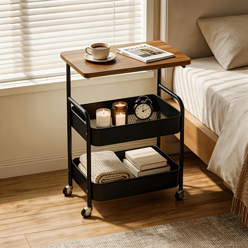 TEMU Rolling Nightstand With Storage Shelves, Mobile Bedside End Table On Wheels, Rolling Utility Cart, Portable Side Table For Bedroom Small