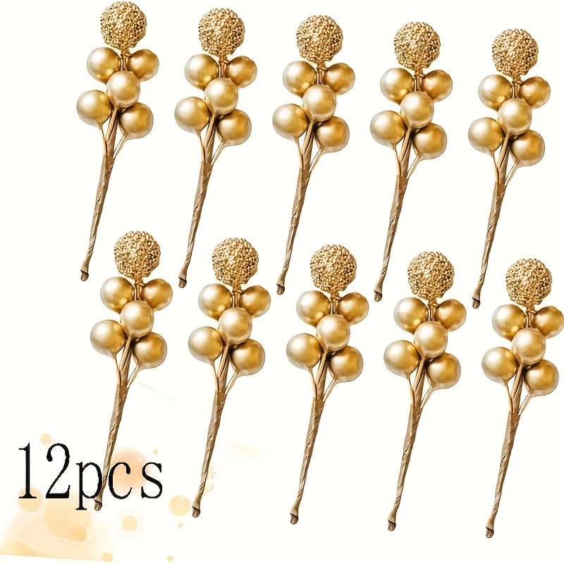 Image of 12pcs Artificial Flash , Golden Buffalo Artificial Berries, Artificial Golden Christmas Flash Berry Stems, Christmas Tree Decorations, New Year Holiday Decorations, Gift Packaging.
