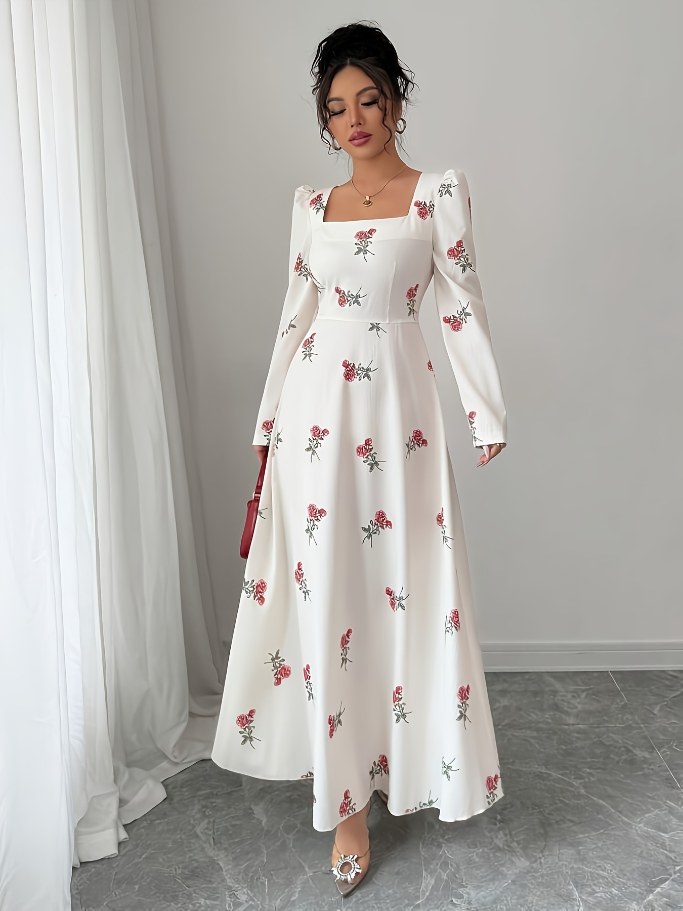 womens elegant floral print maxi dress back tie closure a Temu