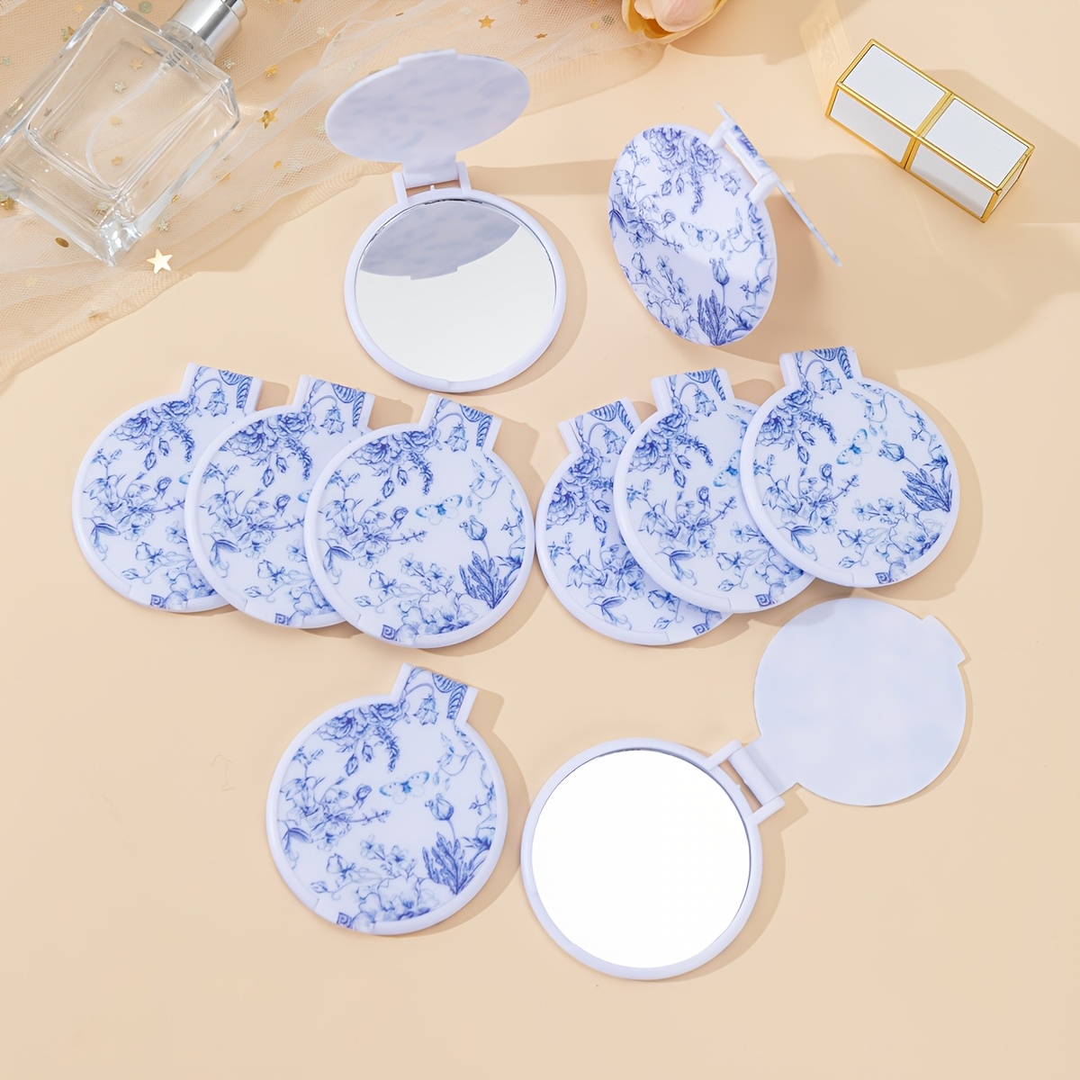 TEMU 5 pezzi/10 pezzi di piccoli specchietti stampati, eleganti specchietti rotondi pieghevoli, specchietti da trucco con motivo personalizzato,