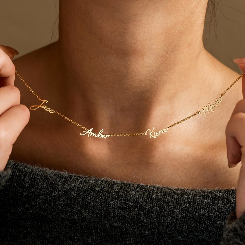 TEMU Collier personnalisé segmenté multi- en acier inoxydable 304L, collier de nom de famille, de graver 1 à 4 , design de police manuscrite douce,
