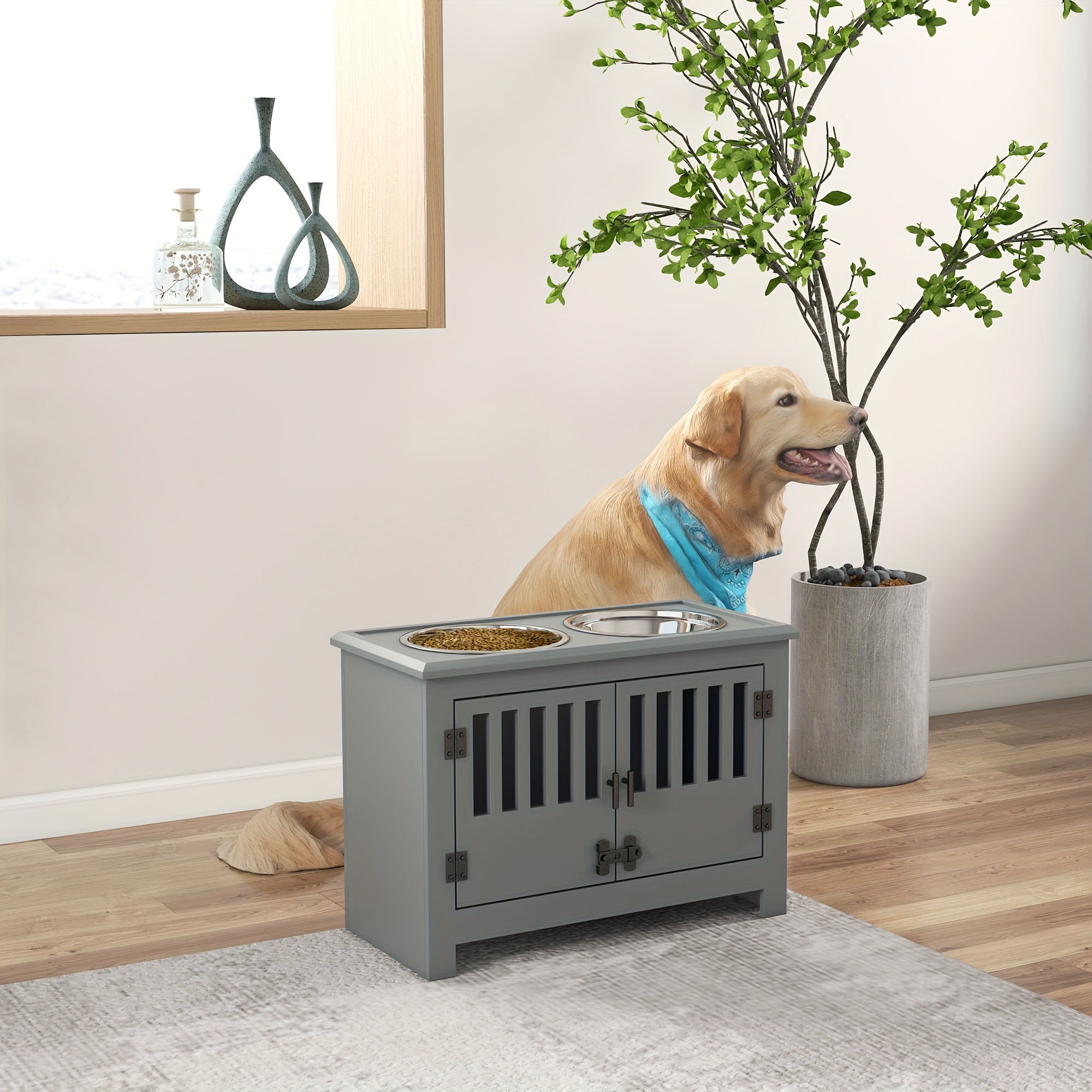 

Pawhut Large Elevated Dog Bowls With Storage Cabinet Containing Large 37l Capacity, Raised Dog Bowl Stand Pet Dog Feeding Station, Gray