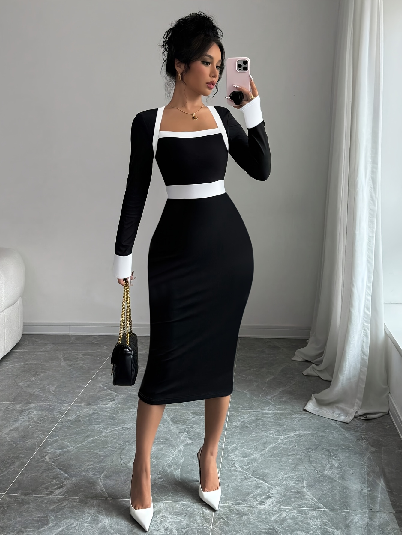 a fitted, body-hugging dress with long lantern sleeves and neckline | Shop  On Temu And Start Saving | Temu