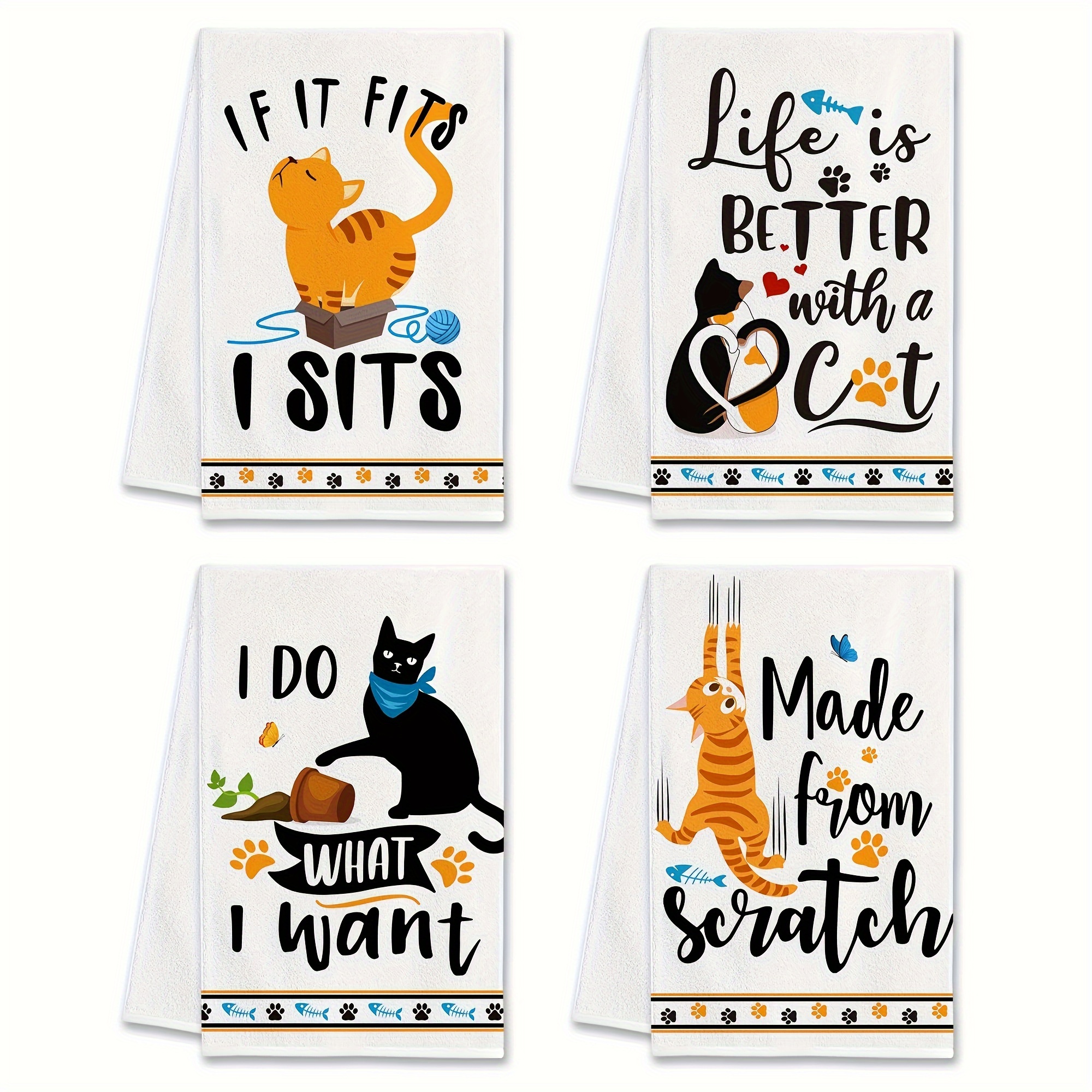 TEMU 4pcs, Hand Towels, Towels, Cartoon Style Cute Cat Decorative Dish Towels, Absorbent And Soft Scouring Pad, Kitchen Decoration, Cleaning Stuff