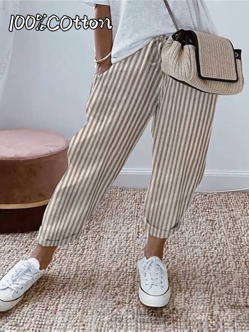 vacation womens trousers fashionable striped pure comfortable and elastic drawstring waist cropped pants